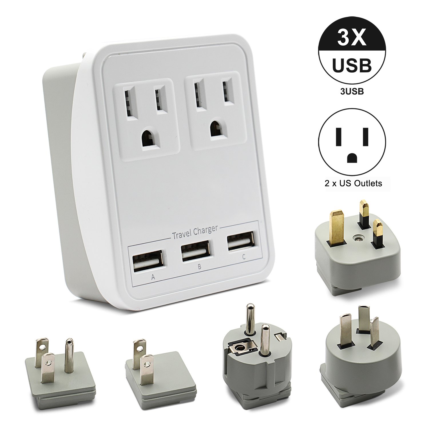 Outtag Power Adapter Kit Surge Protecor AC Wall Charger for Laptops Smartphones iphone ipad More Dual Voltage Devices (2USA Outlets+3USB Ports)