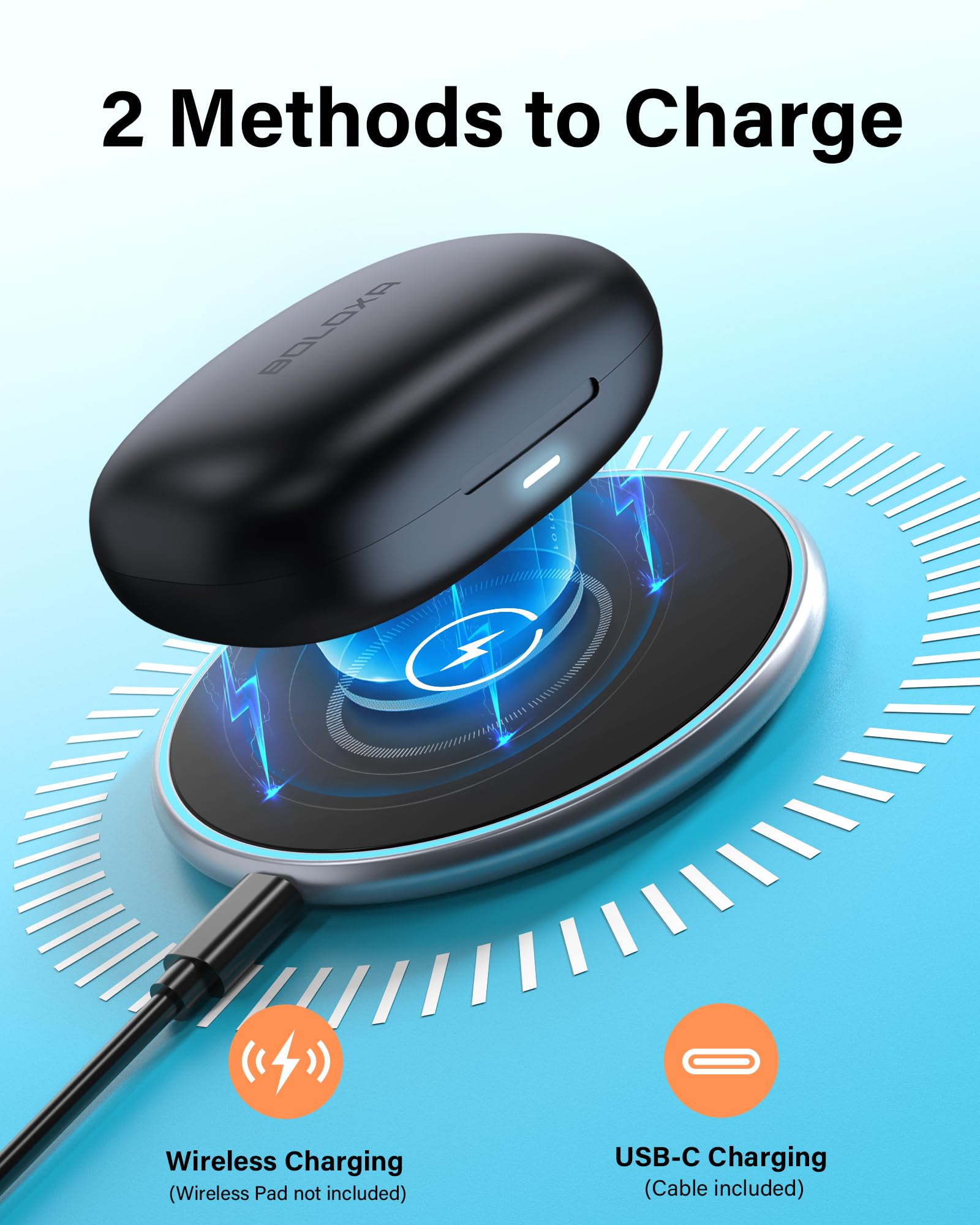 BOLOXA Wireless Earbuds, 70H Playtime Ear Buds, Bluetooth 5.3 Headphones, Sports Earphones with Earhooks, Wireless Charging Case with LED Power Display, Black