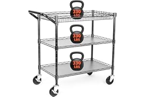 BolDuck Heavy Duty Utility Cart, 990Lbs Capacity 3 Tier Rolling Carts with Wheels, Kitchen Cart on Wheels with Storage, Commercial Grade Metal Serving Carts with Wire Shelving &Handle Bar, Black