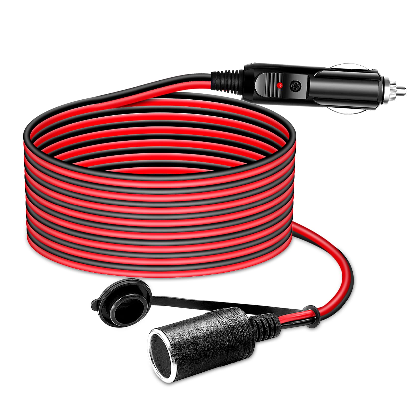 12FT 12-24v Car Charge Cigarette Lighter Extension Cable Male to Female Socket, 16AWG Heavy Duty Cigarette Lighter Cord with LED Light, 15A Fuse