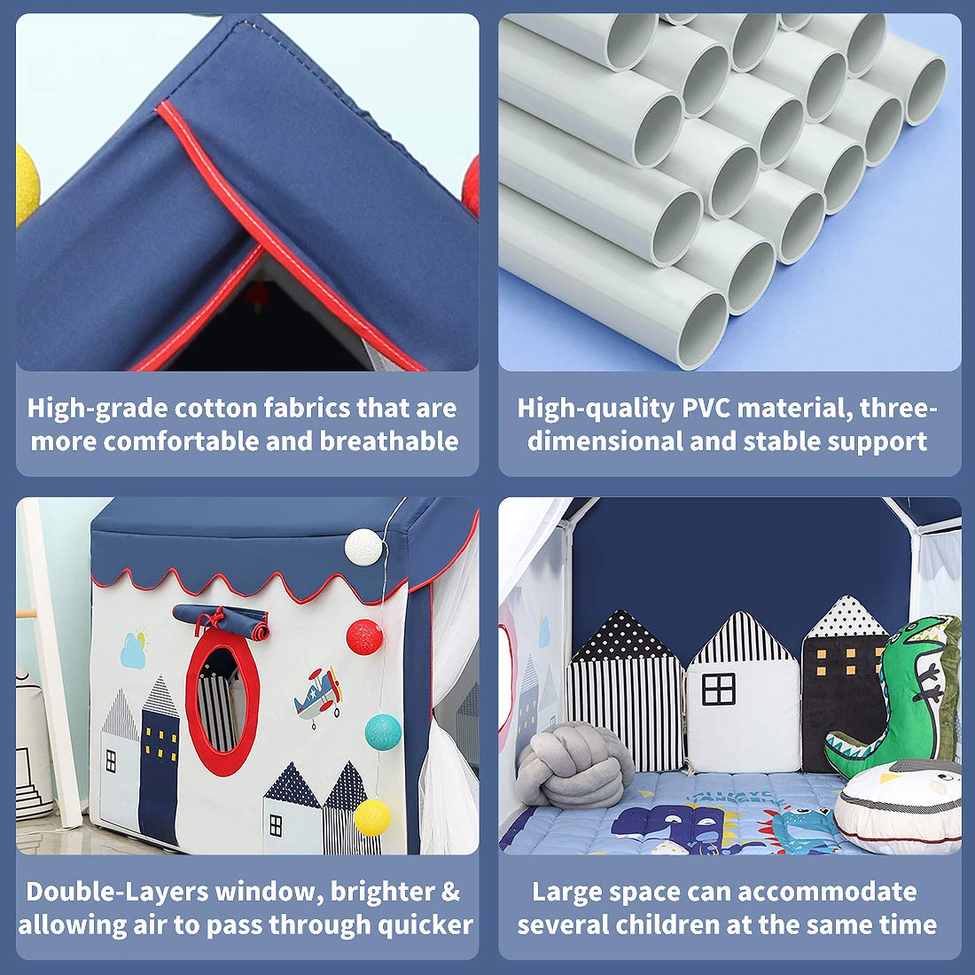 Kids Tents Indoor Playhouses Boys 9.9Ft Star String Lights Blue Tent for Upgraded Large and Longer Curtain with Colorful Accessories Decoration 50.4