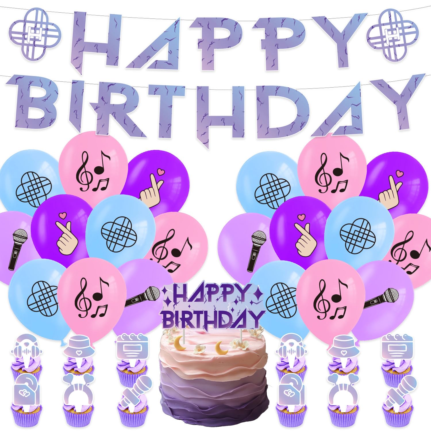 K-Pop-Themed Birthday Party Decorations, Music Theme Party Supplies Include Ft Backdrop Happy Birthday Banner Balloons Cupcake Cake Toppers