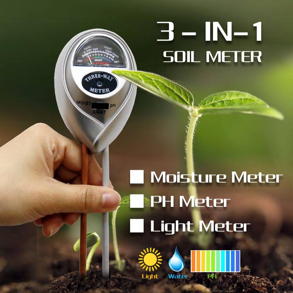Soil pH Test,3-in-1 Soil ph Meter Test Kits Gardening Tools with Ph Acidity Light Moisture Meter,Plant Care Soil Tester for Lawn, Garden,Farm,Home,Office-Indoor/Outdoor(No Battery needed)-Silver