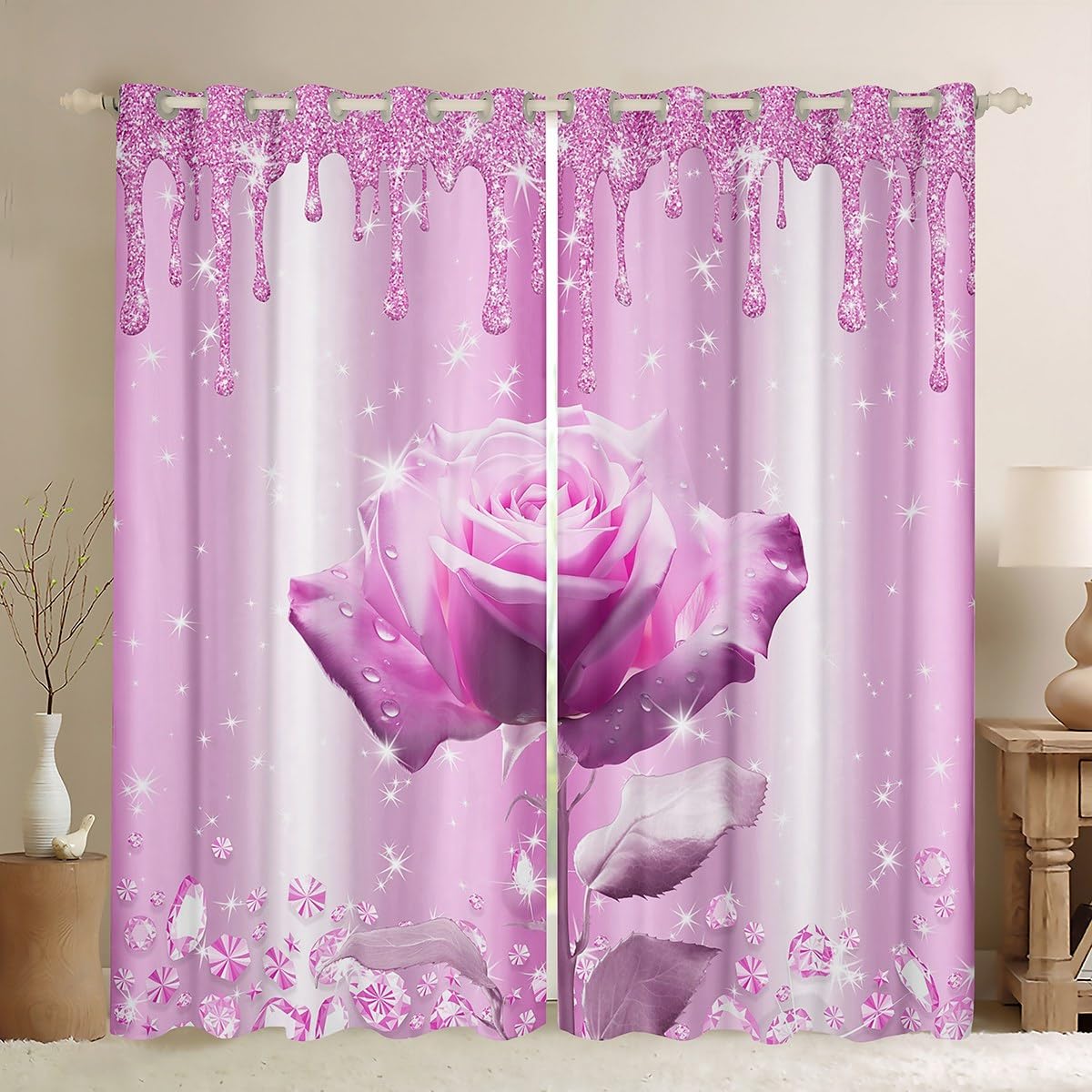 Manfei Pink Rose Blackout Curtain Pink Glitter Diamond Print(No Glitter) Window Drapes for Kids Girls, 3D Pink Rose Flower Window Treatments, Grommet Top 2 Panel Set Bedroom Curtains, 46Wx72L inch