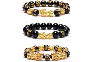 SOOWOOT Feng Shui Wealth And Luck Bracelet for Men Women: 3Pcs set with Pixiu and black obsidian. It brings prosperity, offers protection, attracts good fortune and repels evil spirits