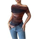 SOLY HUX Women's Tie Dye Mesh T Shirt Off The Shoulder Short Sleeve Ruched Tee Asymmetrical Hem Fitted Tops