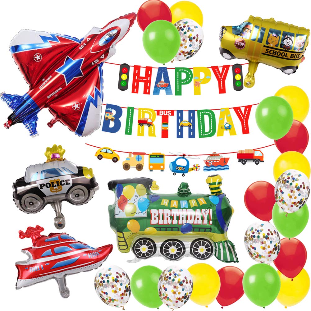 Cars Themed Birthday Party Decorations for Kids Police Car Balloon Foil Balloons Trains Balloon Happy Birthday Banner