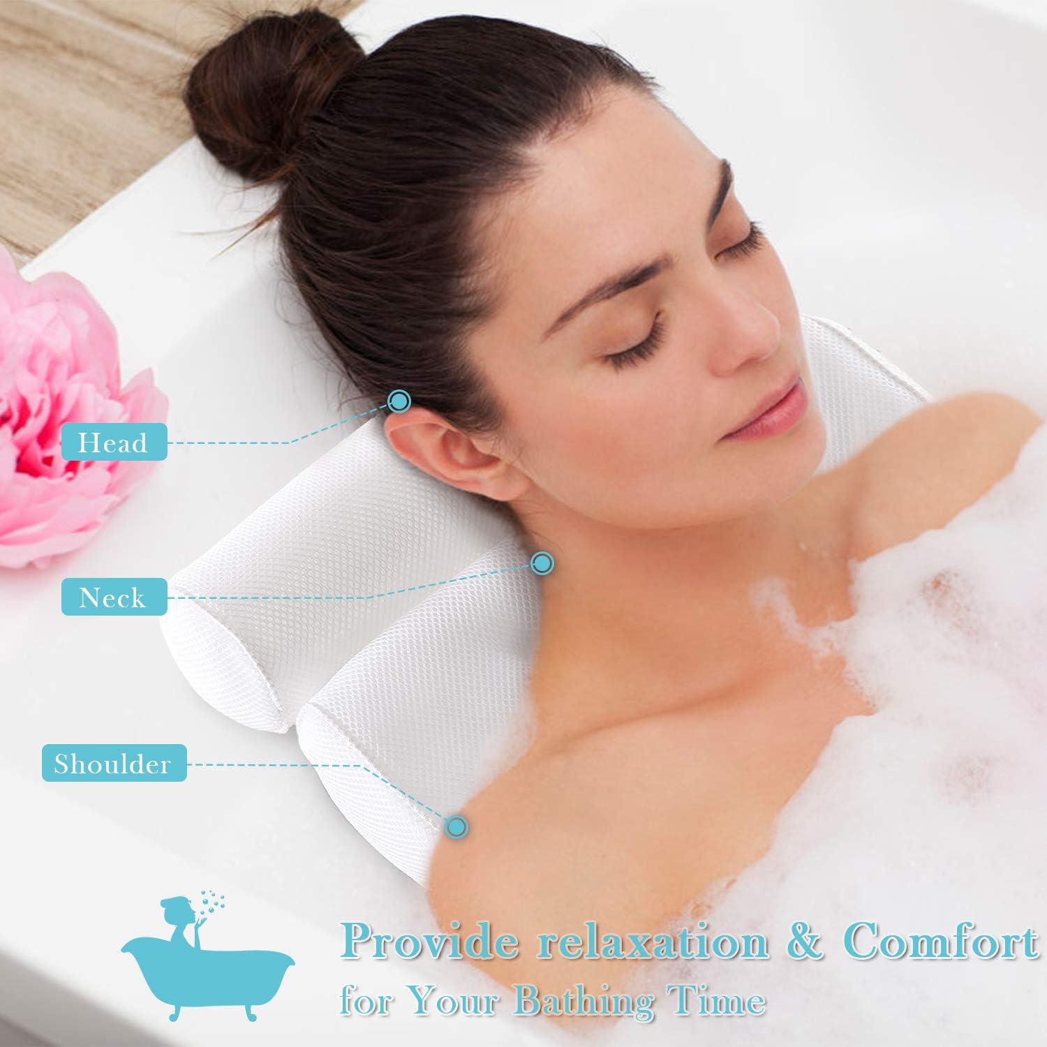 Bath Pillow Bathtub Pillow - Bath Pillows for Tub with Neck, Head, Shoulder and Back Support - 3D Air Mesh Spa Bath Pillow, Non-Slip, Extra Thick, Soft and Quick Dry Spa Pillow for Bathtub: Health & Personal Care
