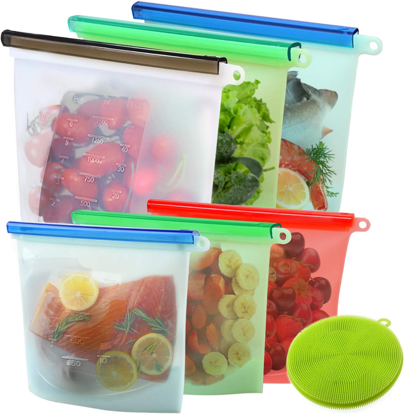 Chrider Reusable Silicone Food Storage Bags (Set of 6) - 3xLarge 50oz, 3xMedium 30oz, Leakproof Food Grade Silicone bags for Vegetable, Liquid, Snack, Meat, Sandwich