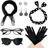 Bcxfbxd 7 Pcs 50's Women Costume Accessories Set for Girls | Cat Eye Glasses, Scarf Bandana, Headband, Drop Dot Earrings, Gloves, For Halloween Party