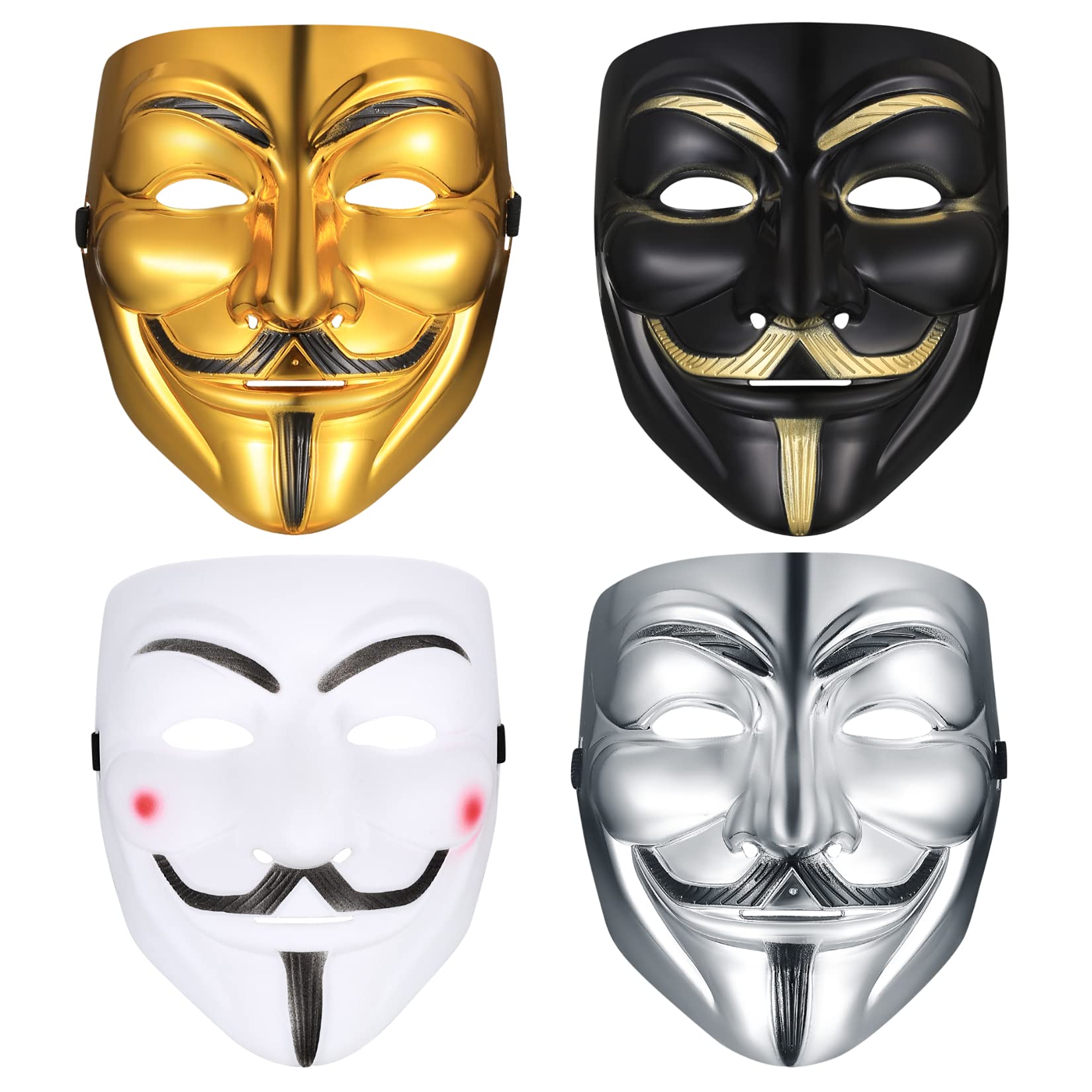 PanBeiQi V for Vendetta Guy Mask, 4 Pcs Halloween Costume Cosplay Party Anonymous Mask for Adults Kids Unisex, 4 Colours, 19*16CM