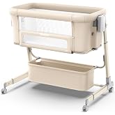 NeoBorn 4-in-1 Baby Bassinet, Rocking Bedside Bassinet, Khaki | Sturdy Wide Base, 7 Height Adjustments, with Comfy Mattress, Waterproof Sheet &amp; Wheels for Newborns