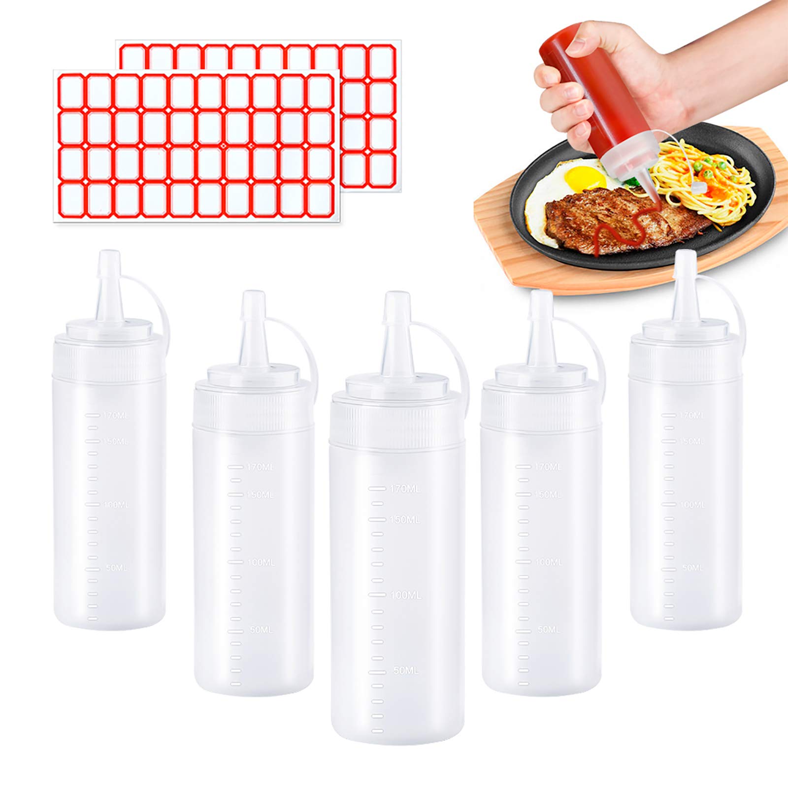 5 PCS Plastic Squeeze Bottles Condiment Bottles with Lables Sauce Bottle with Cap for Cooking Sauce Containers for Kitchen Squeeze Bottle Dispenser 200ml