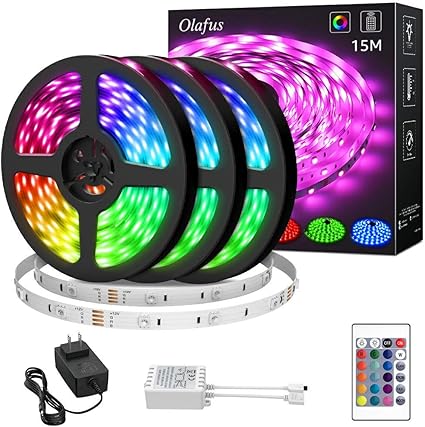 olafus 50ft rgb led strip lights kit power adapter dimmable color changing flexible led tape lights with remote 24v 15m strip with 450 leds 5050