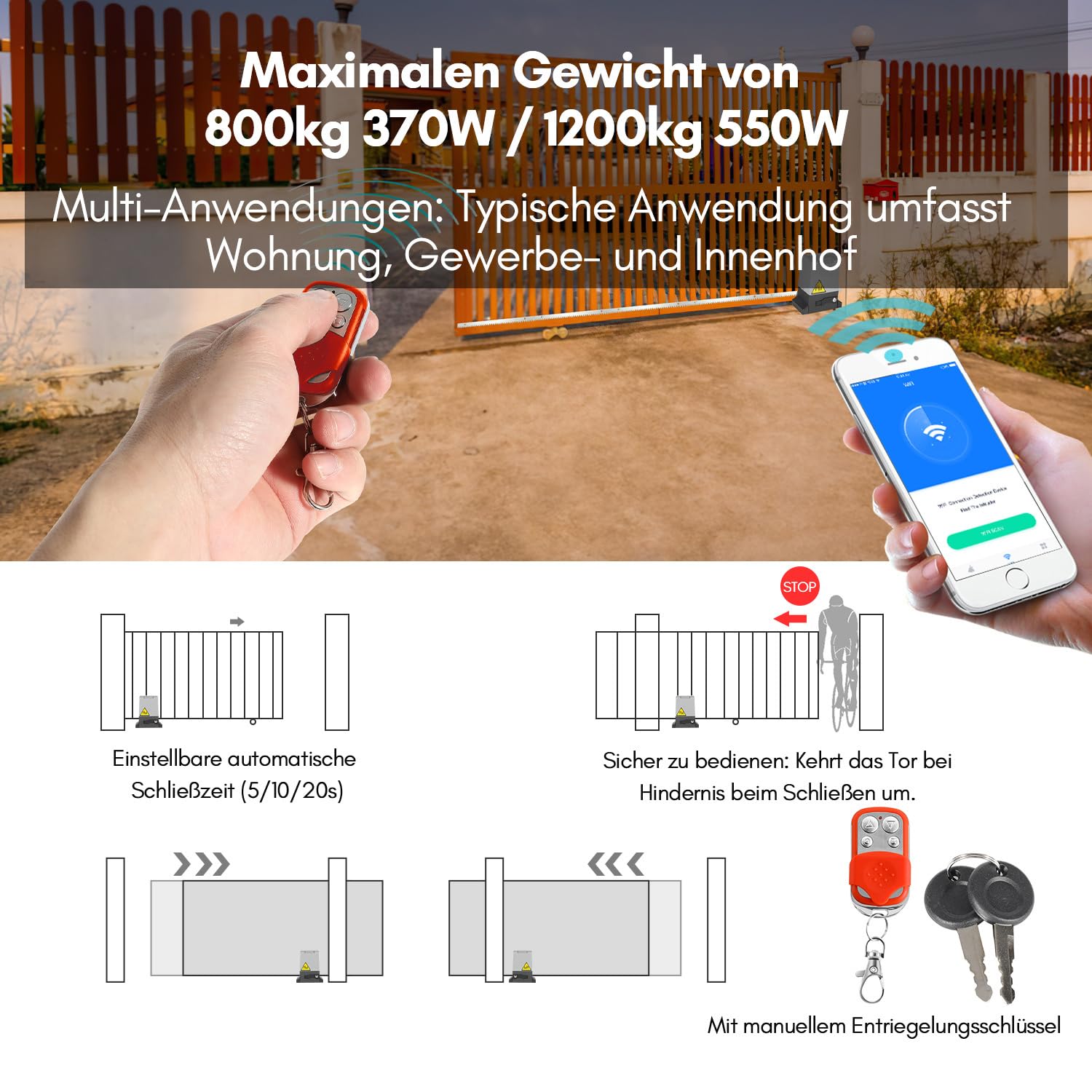 Joparri 800kg 370W Smart WiFi Kit Automazione Cancello Scorrevole, Motore Cancello Scorrevole per Porte Fino a 12 m, con 2 Telecomandi, Cremagliera da 4 m e 2 chiavi
