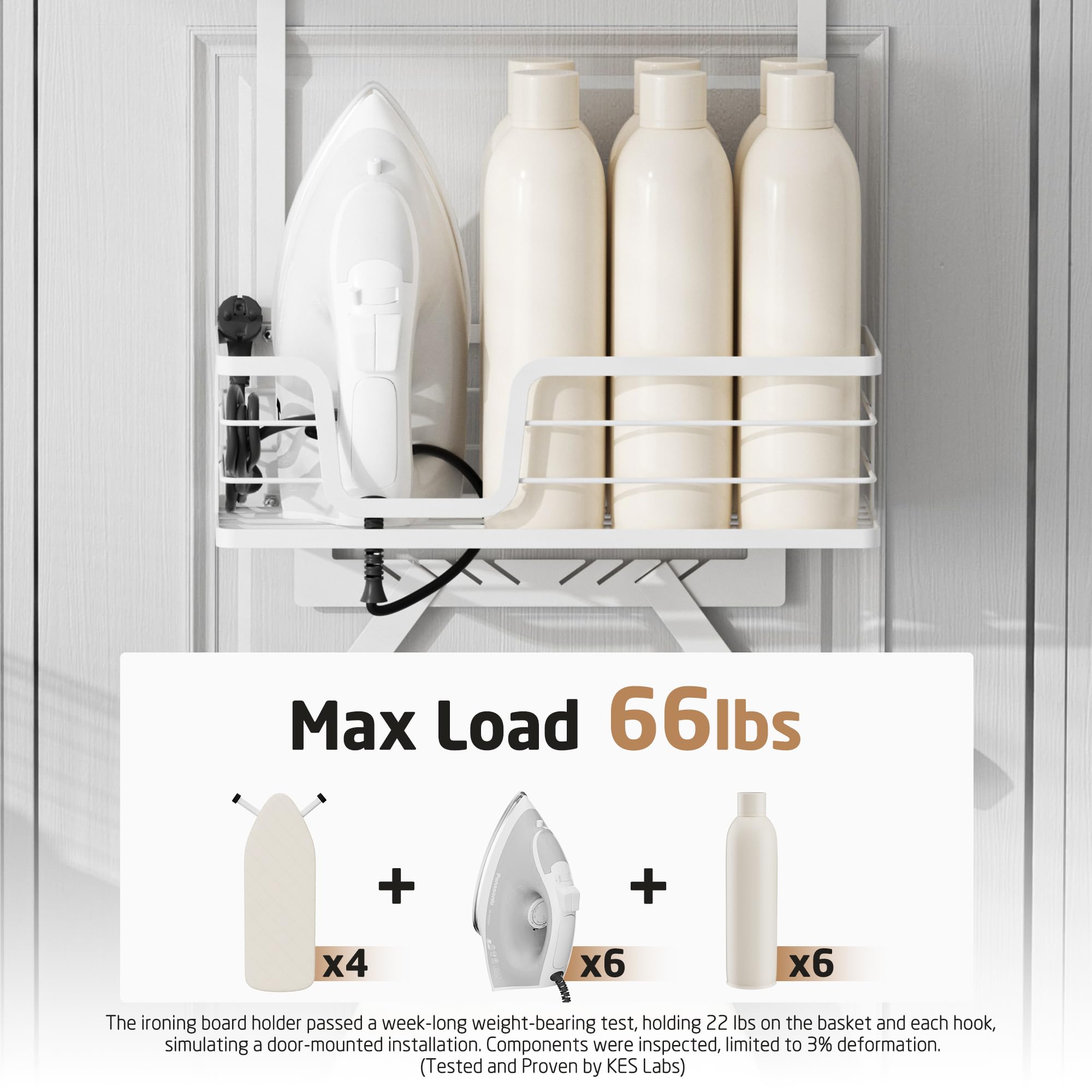 KES Over The Door Ironing Board Holder, Ironing Board Hanger Over Door Organizer with Storage Shelf Y and T Shaped Fits for 1 3/8 Doors White, HIR501A-WH