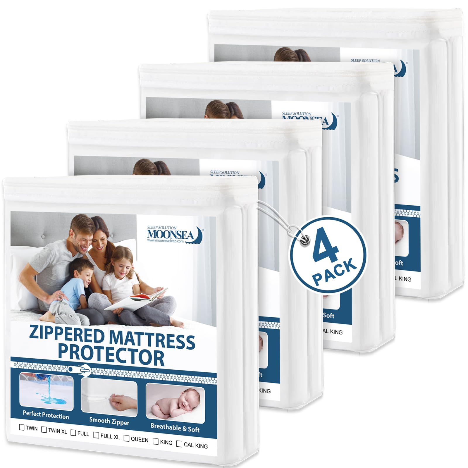 Twin Mattress Protector Waterproof 4 Pack Zippered, 6-Side Waterproof Mattress Protector, Twin Mattress Cover, Box Spring Encasement