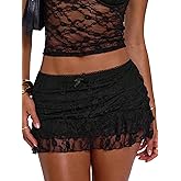 GORGLITTER Women's Y2k Lace Mini Skirt Mesh Sheer Ruffle Hem Tiered Low Rise Shorts Pencil Skirts