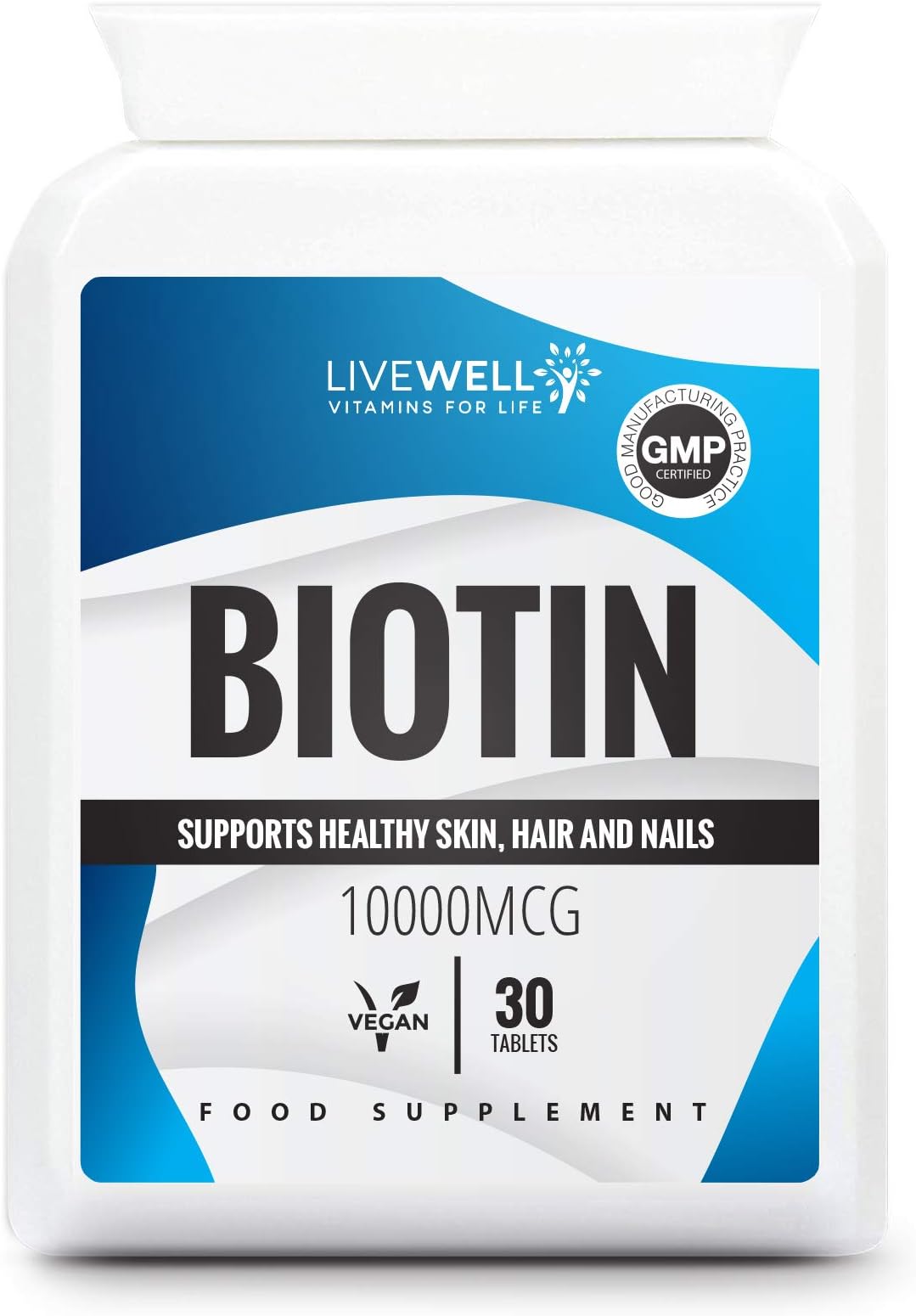 live well vitamins for lifeBiotin 10,000MCG - Hair Growth, Skin and Nail Care Support Supplement - Vegan Tablets - UK Made, Natural Vitamin B7 for Men & Women (30)