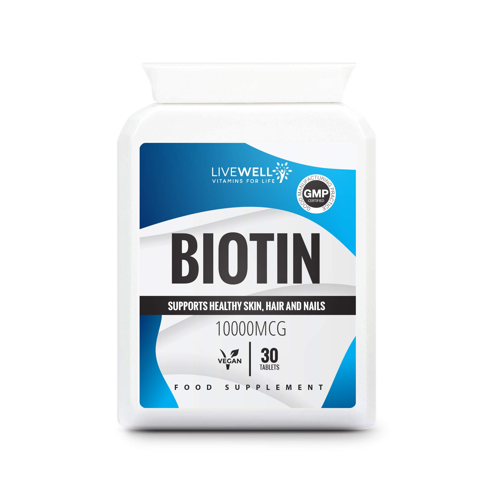 live well vitamins for lifeBiotin 10,000MCG - Hair Growth, Skin and Nail Care Support Supplement - Vegan Tablets - UK Made, Natural Vitamin B7 for Men & Women (30)