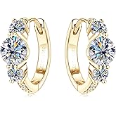 3 Stone Moissanite Hoop Earrings, 925 Sterling Silver Hypoallergenic Huggie Earrings for Women, D Color VVS1 Lab Created Imitation Diamond Round Cut Jewelry Gifts
