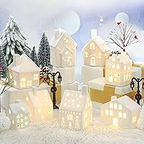 Cindeer 26 Pcs Ceramic Christmas Village Set 8 LED Christmas