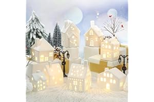 Cindeer 26 Pcs Ceramic Christmas Village Set 8 LED Christmas Village Houses 16 Xmas Trees Farmhouse 2 Lamp Post Scenes Decor White Tabletop Decoration(Classic)