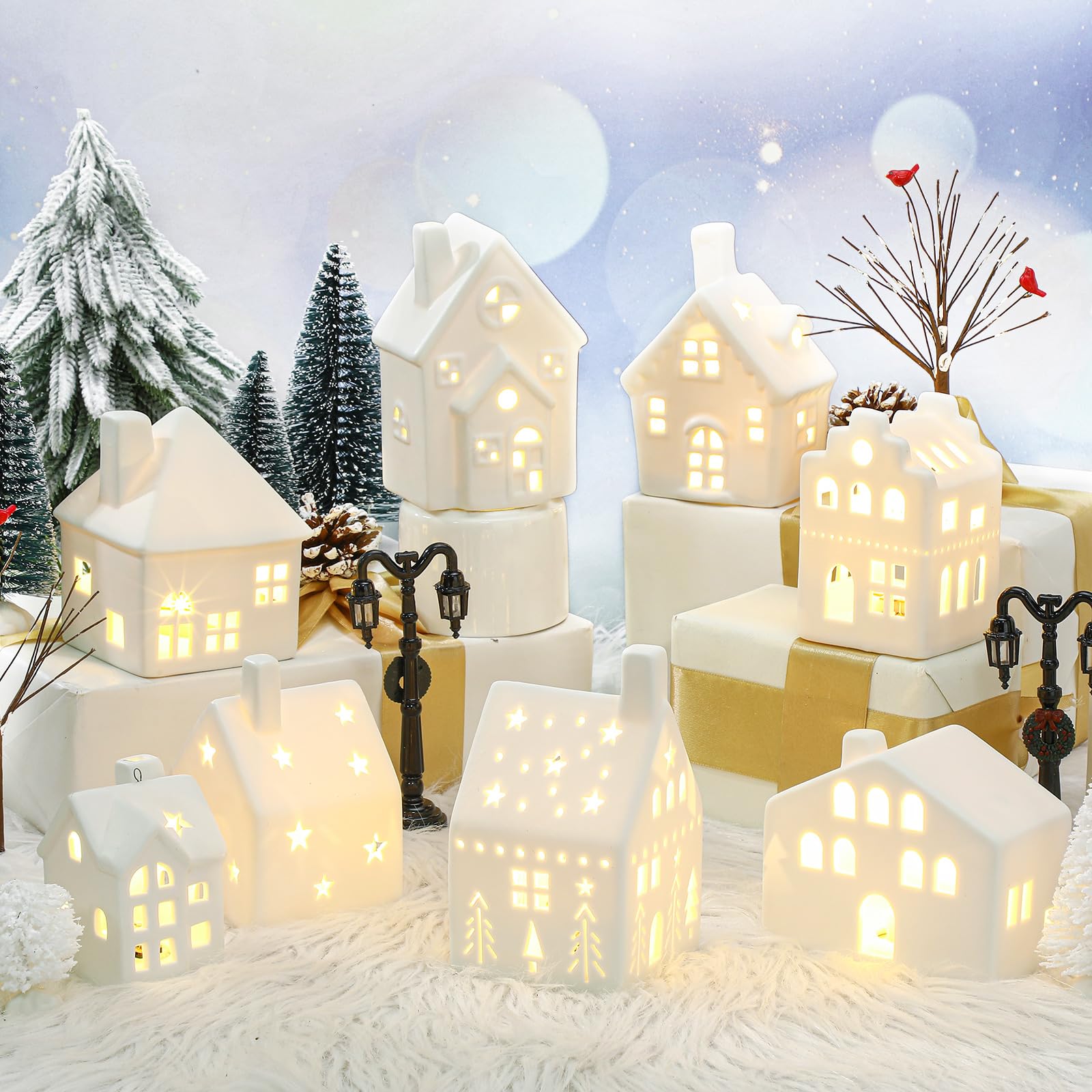 Photo 1 of Cindeer 26 Pcs Ceramic Christmas Village Set 8 LED Christmas Village Houses 16 Xmas Trees Farmhouse 2 Lamp Post Scenes Decor White Tabletop Decoration(Classic)