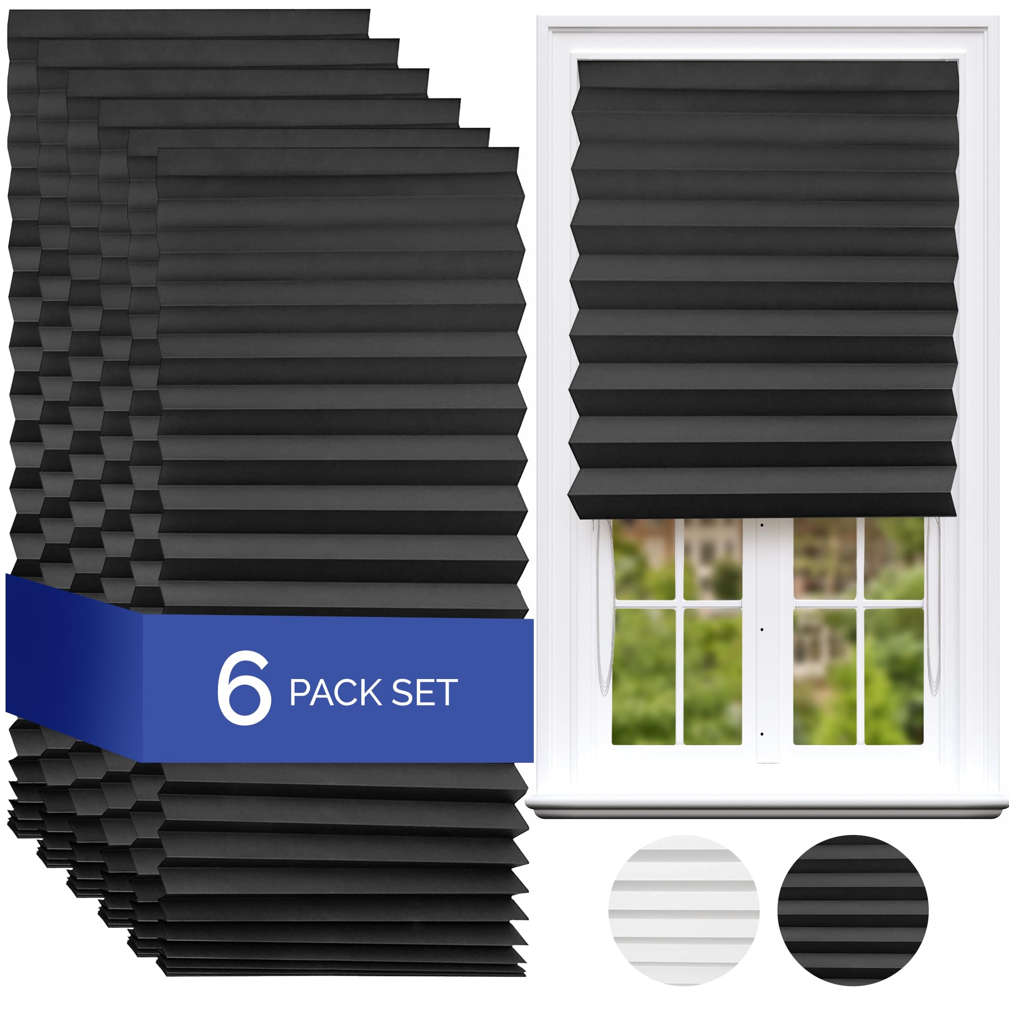 Temposhade Thermal Blackout Temporary Blinds - 6 Pack (110g sqm) | 91.4cm Wider Blind, Easy Stick Up & No Screws | Home Temporary Paper Pleated Blind | Black