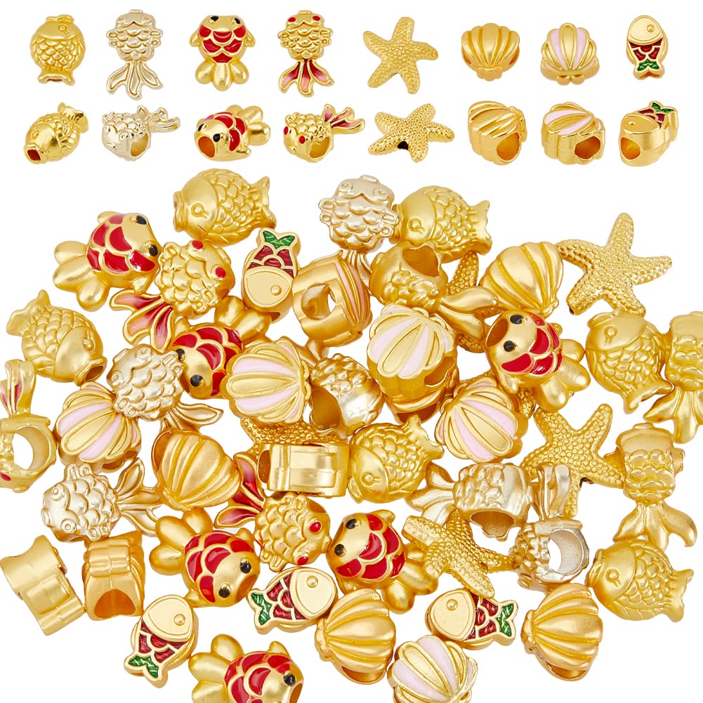 DICOSMETIC 48Pcs 8 Styles Ocean Spacer Beads Antique Gold European Beads Enamel Shell Starfish and Fish Loose Beads for Summer DIY Jewelry Crafts Making, Hole: 1.4~5mm