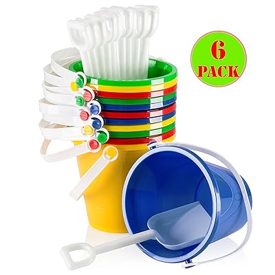 أعلى سباق 5 بوصة دلاء الشاطئ دلاء رملية ومجارف رملية للأطفال | ألعاب الشاطئ والرمل على الشاطئ | استخدم لقوالب الرمل في Sandbox ( حزمة من 6 مجموعات )