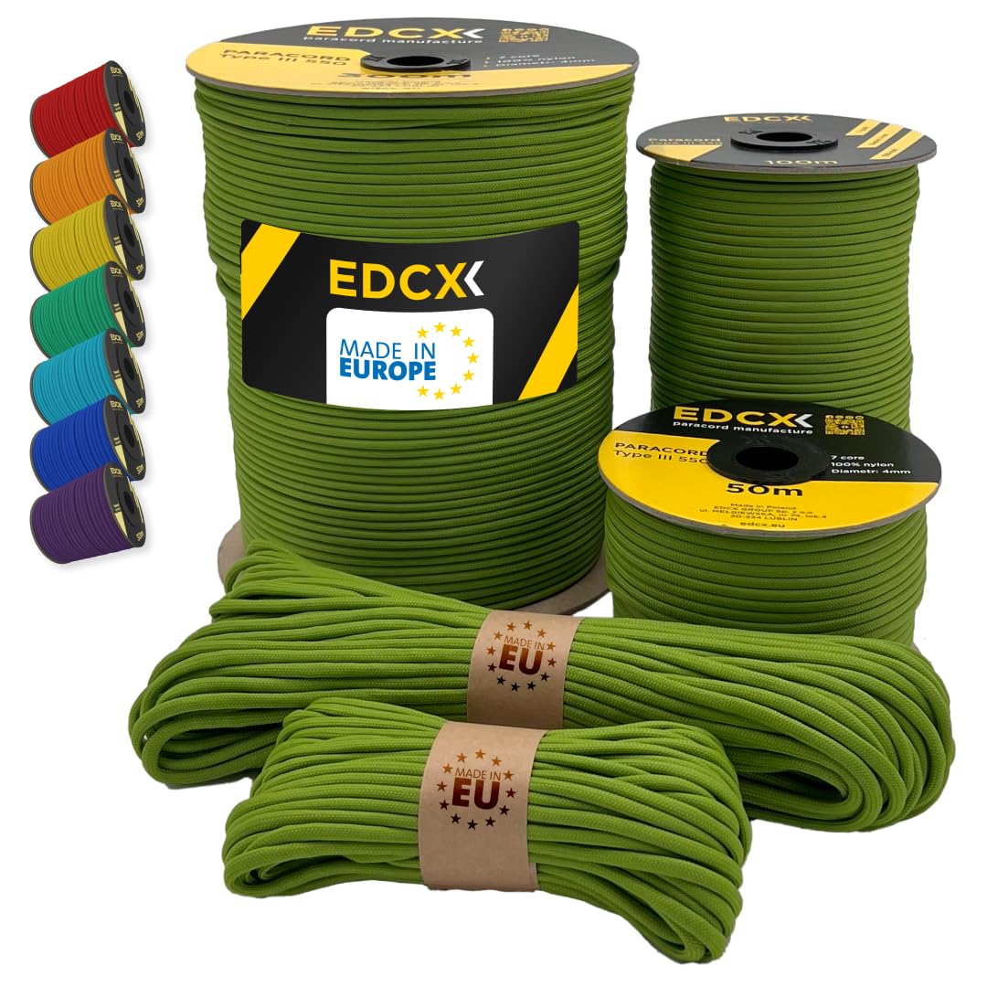 EdcX Paracord 4mm, 35+ Solid Colors (10m, 15m, 30m, 50m, 100m, 300m) | Ideal for Crafting, DIY, Camping, Survival, Outdoor | 100% Nylon Rope 4mm | Tactical Cord 550 Type III (Green Golf, 30 m) — image 1