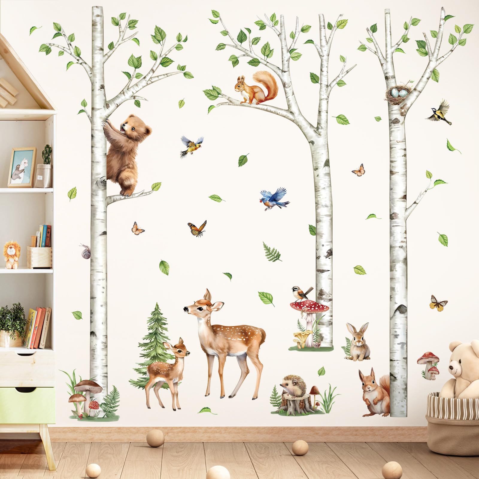decalmile Large White Birch Tree Wall Decals Woodland Animals Bear Deer Rabbit Wall Stickers Living Room Baby Nursery Kids Room Wall Decor