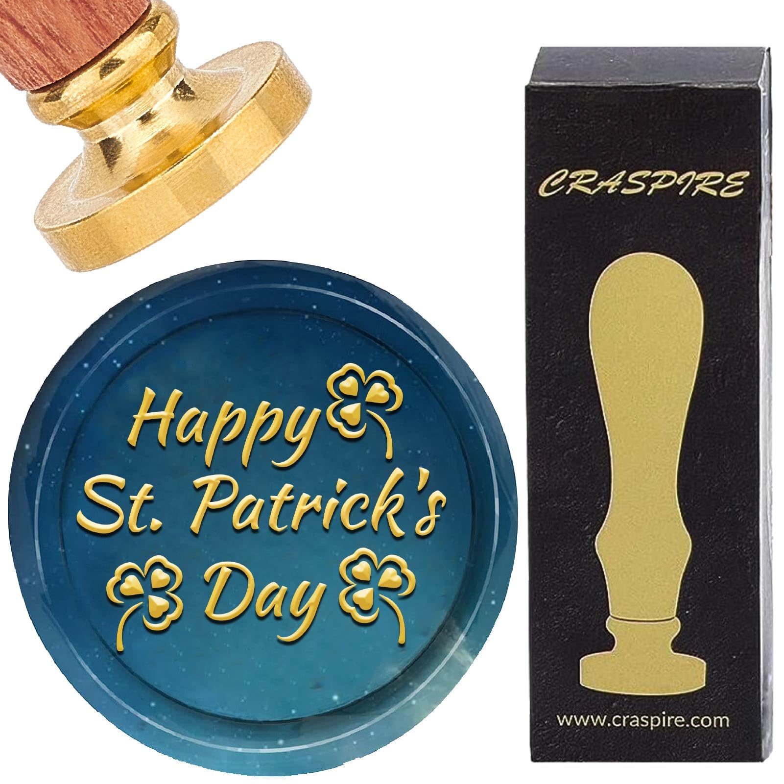 CRASPIRE Happy St. Patrick's Day Wax Seal Stamp Shamrock Three Leaf Clover Sealing Wax Stamps 25mm Retro Vintage Removable Brass Stamp Head with Wood Handle for St. Patrick's Day Invitation Cards Gift
