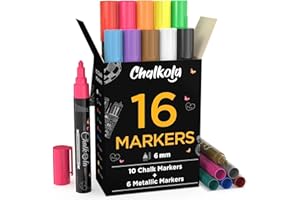 Chalkola Liquid Chalk Markers for Blackboard & Glass (Pack of 16, 6mm Reversible Tip) Washable Chalk Pens for Window, Bistro,