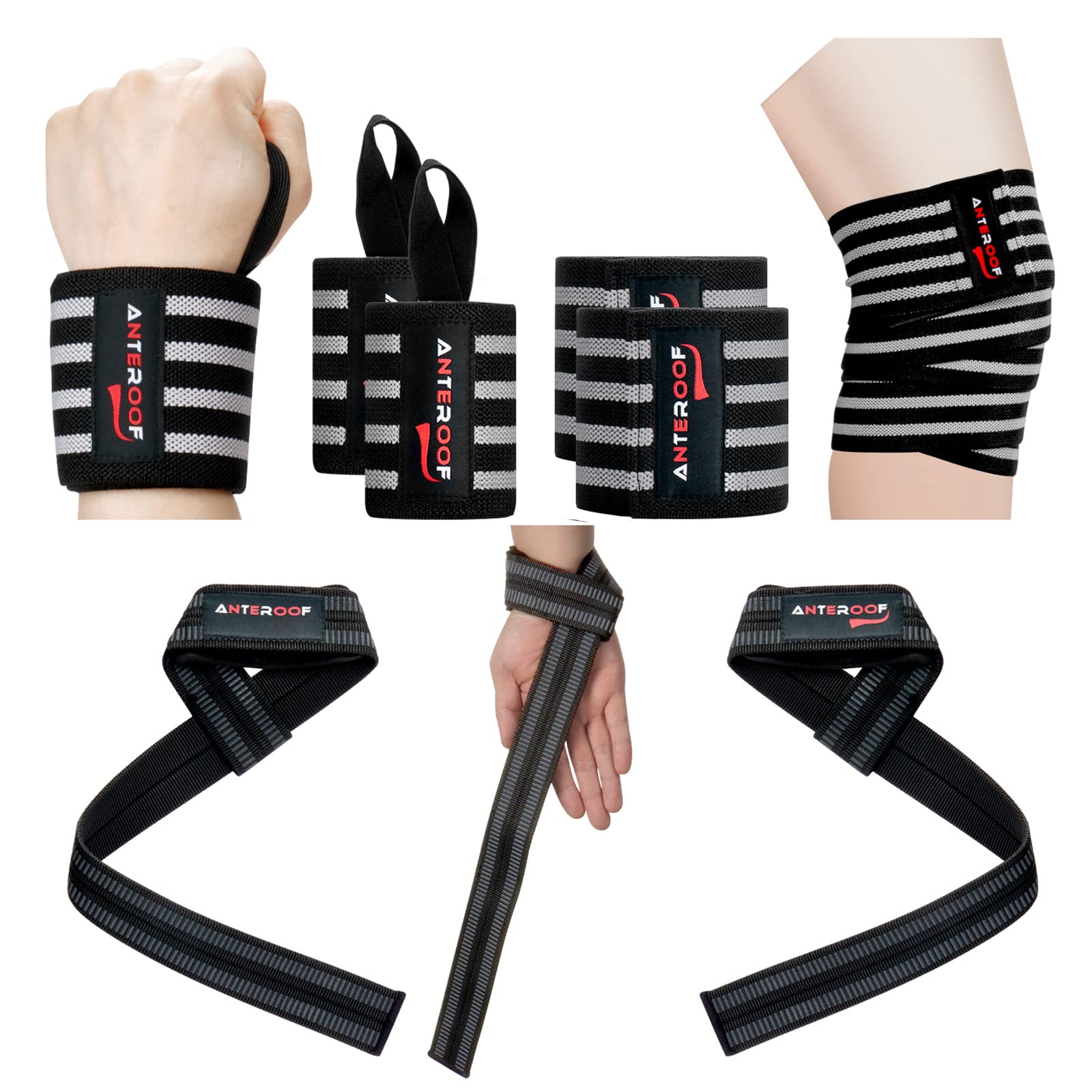 ANTEROOF Strength Training Essentials: Knee Wraps, Wrist Wraps, and Lifting Straps Set - Ultimate Gym Protection for Weightlifting, Bodybuilding, and Fitness Workouts(Grey Stripe)
