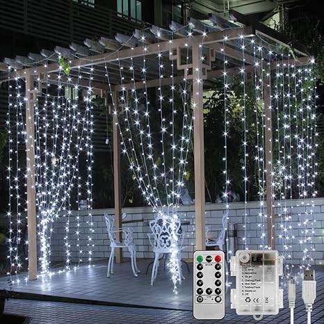 LE Lichterkette USB LED Lichtervorhang, 300 LEDs und 8 Lichtmodi, 3m * 3m Batteriebetrieben, Kaltweiß, ideal für Weihnachten,