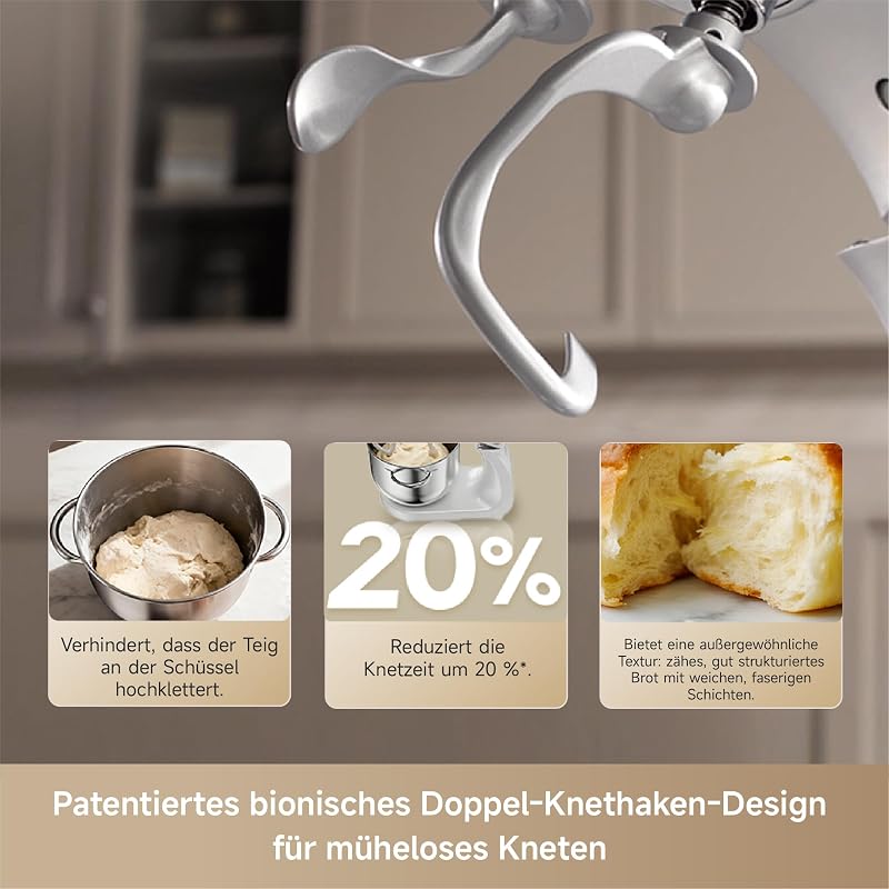 MX60 Küchenmaschine Standmixer Patentierter Doppelknethaken und ein lautloser 800-W-DC-Motor treiben die 6-L-Schüssel an. Intelligentes digitales Display, 12 Geschwindigkeiten