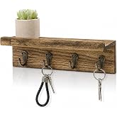 Key Holder Wall Mount, Farmhouse Wall Shelf with 4 Hooks for Entryway | 9inch Wooden Key Rack, Decorative Key and Mail Holder with Small Display Shelf, Ideal Home Organizer (Brown)
