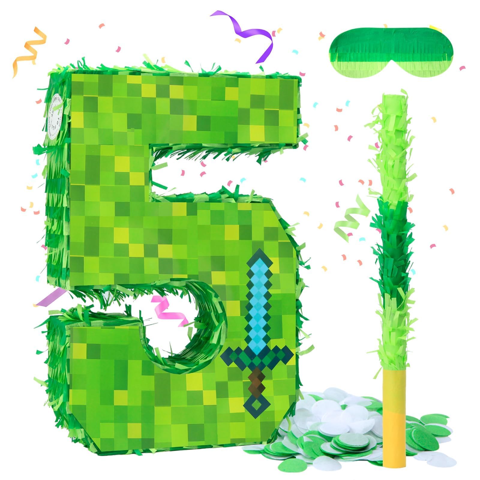 Photo 1 of 16 Inch Number 5 Pixel Pinata with Piñata Stick, Blindfold, Confetti for Boys Girls Birthday Decorations, Kids Party Supplies, Easy to Fill and Hang (MinC-5th)
