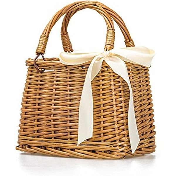 QTMY Bow Rattan Woven Bag Straw Bags Top Handle Wicker