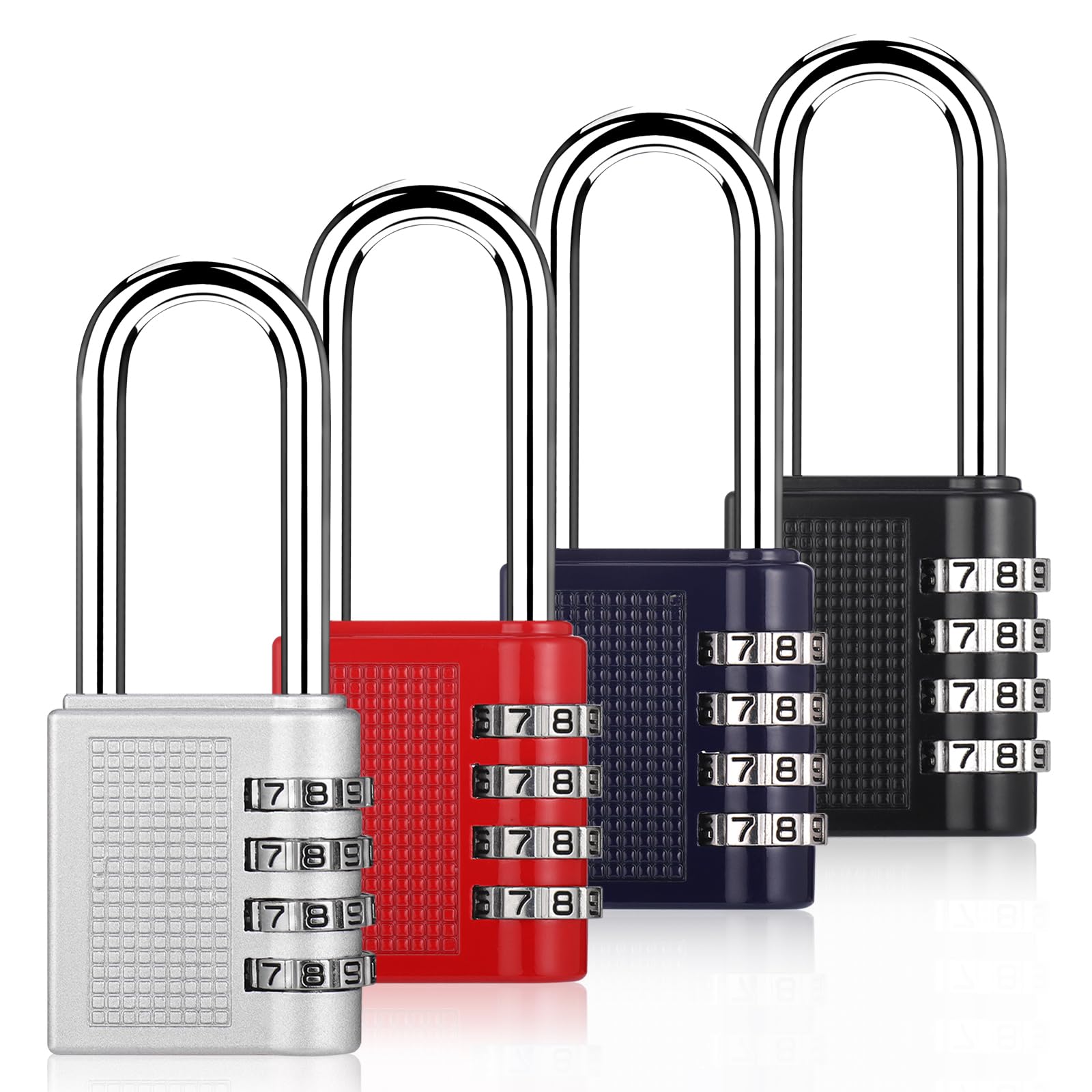 4Pcs Combination Padlock, Long Shackle Padlock Outdoor Weatherproof, Heavy Duty Long Padlock, Shed Lock, Rustproof Padlocks with Code for Garden Gate Fence Gym Locker (Black, Red, Silver, Blue)