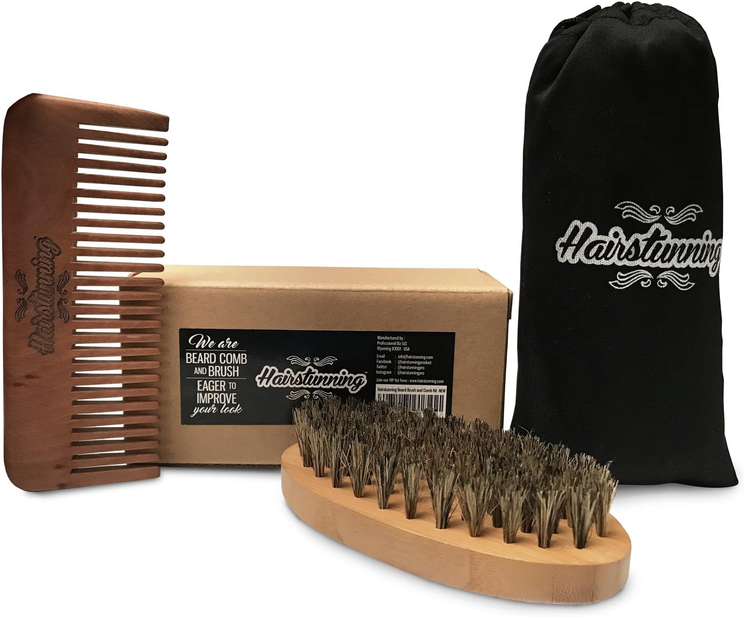 Hairstunning Boar Bristles Beard Brush and Comb Kit Perfect Mustache Grooming Set For Men With Gift Box