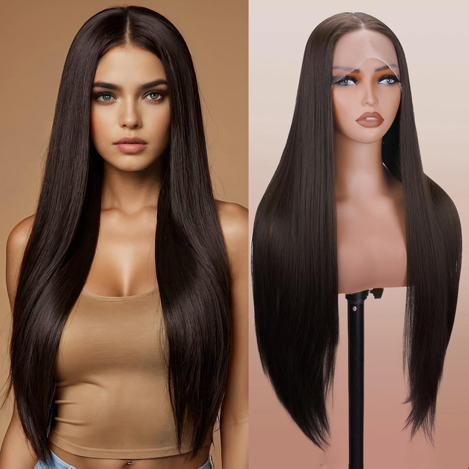 PORSMEER Dark Brown Wig Long Straight Wigs Pre Plucked Natural Lace Hairline for Women Sorrel Heat Resistant Fiber Hair Cosplay Daily Wear Wig