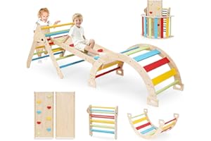 PAPAPROUD Pikler Triangle Set for Toddlers, 7-in-1 Foldable Baby Climbing Toys with Safety Strap, Indoor Solid Wooden Arch, Ramp, Ladder for Active Play - Classic