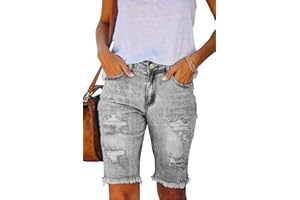 Metietila Women's Ripped Mid-Rise Denim Bermuda Shorts Frayed Raw Hem Stretch Jean Shorts
