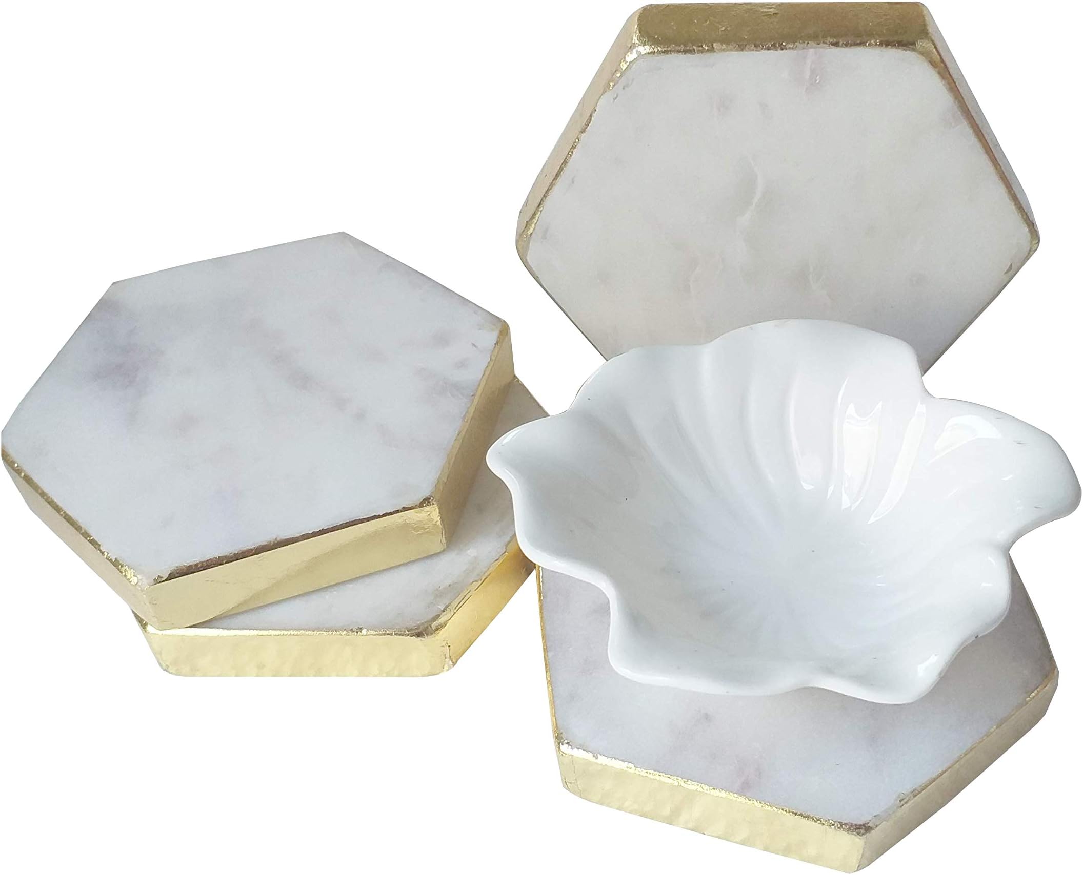 CASA MICASA Handmade White Marble with Gold Leaf Work Coasters for Home and Office,Tea | Coffee | Wine | Coasters (Set of 4)