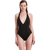 Gottex Luma Emanuelle One Piece-Textured Ribbed Fabric, Deep Plunge Neckline, Adjustable Halter Tie, Front &amp; Back Lining