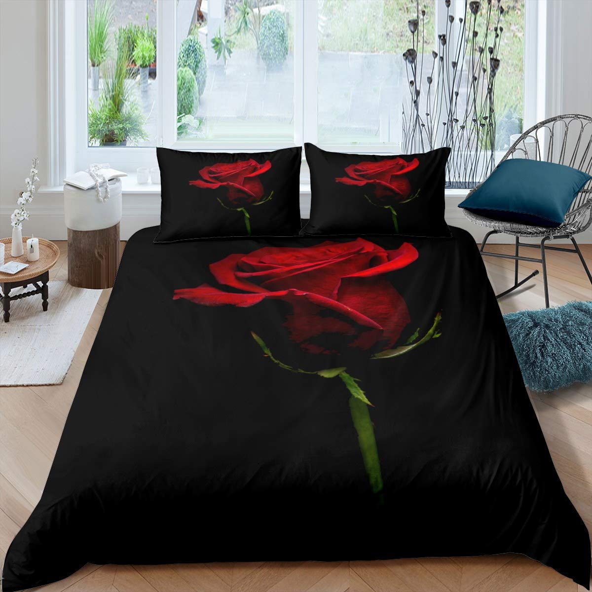 Loussiesd 3D Rose Bedding Set Red Rose Floral Comforter Cover Romantic Flowers Pattern Duvet Cover for Children Kids Girls Women Garden Theme Bedspread Cover Black Room Decor Bedclothes Single Size — image 1