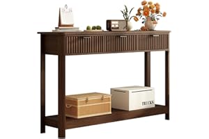 RUSTOWN Farmhouse Wood Console Table with 3 Drawers, Curved Profile Entryway Table with Storage Shelves and Open Storage Shel
